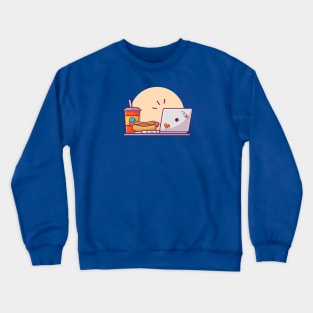 Tasty Hotdog with Mustard, Soda and Online Laptop Cartoon Vector Icon Illustration Crewneck Sweatshirt